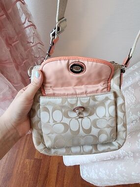 Coach Signature Canvas Crossbody Bag in Beige with Coral Trim